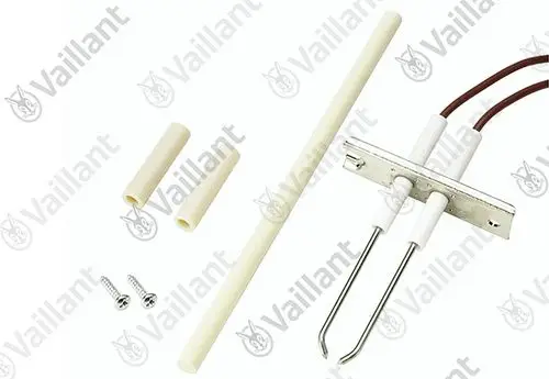 Vaillant Elektrode mit zwei Zünddrähten und fester Montageplatte. Enthalten sind zwei isolierende Rohre und Schrauben zur Befestigung.